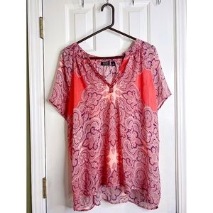 "A.N.A Woman" sheer coral print top. Sz. 2x